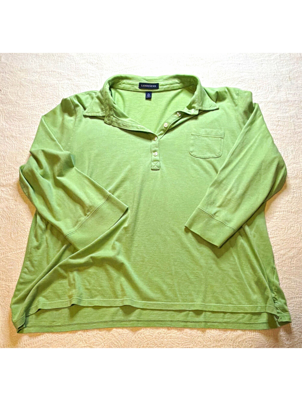 Lands' End Men's XL Regular Green Cotton Long Sleeve Solid Button Polo Shirt